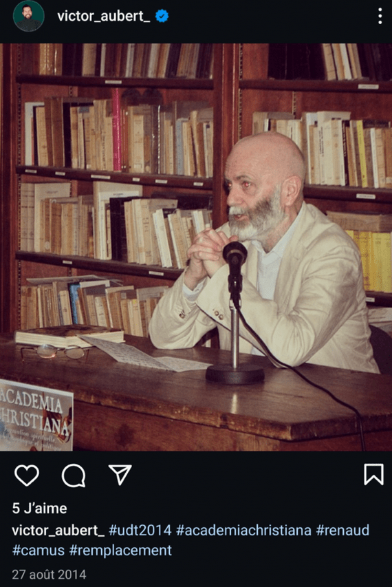 Si le site de l'AC ne met plus en avant la participation passée de Renaud Camus à son UDT, ce n'est pas le cas de Victor Aubert qui semble en conserver un agréable souvenir.